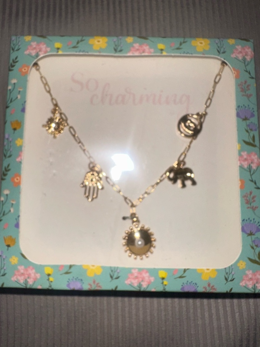 Gold Charm Necklace with Sun, Hamsa & Elephant Charms - Women Jewelry